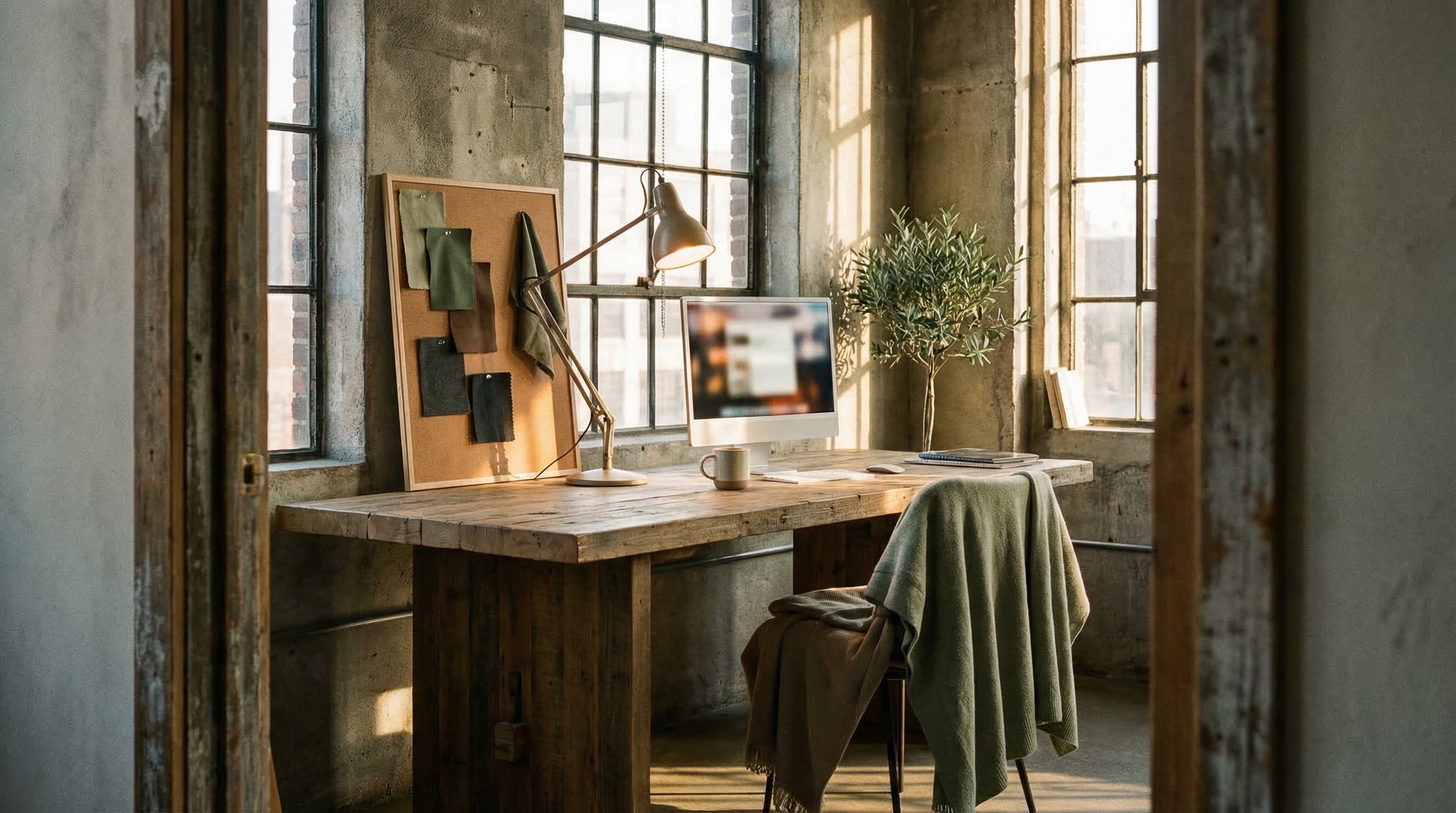 Creative workspace with fabric swatches and warm afternoon light
