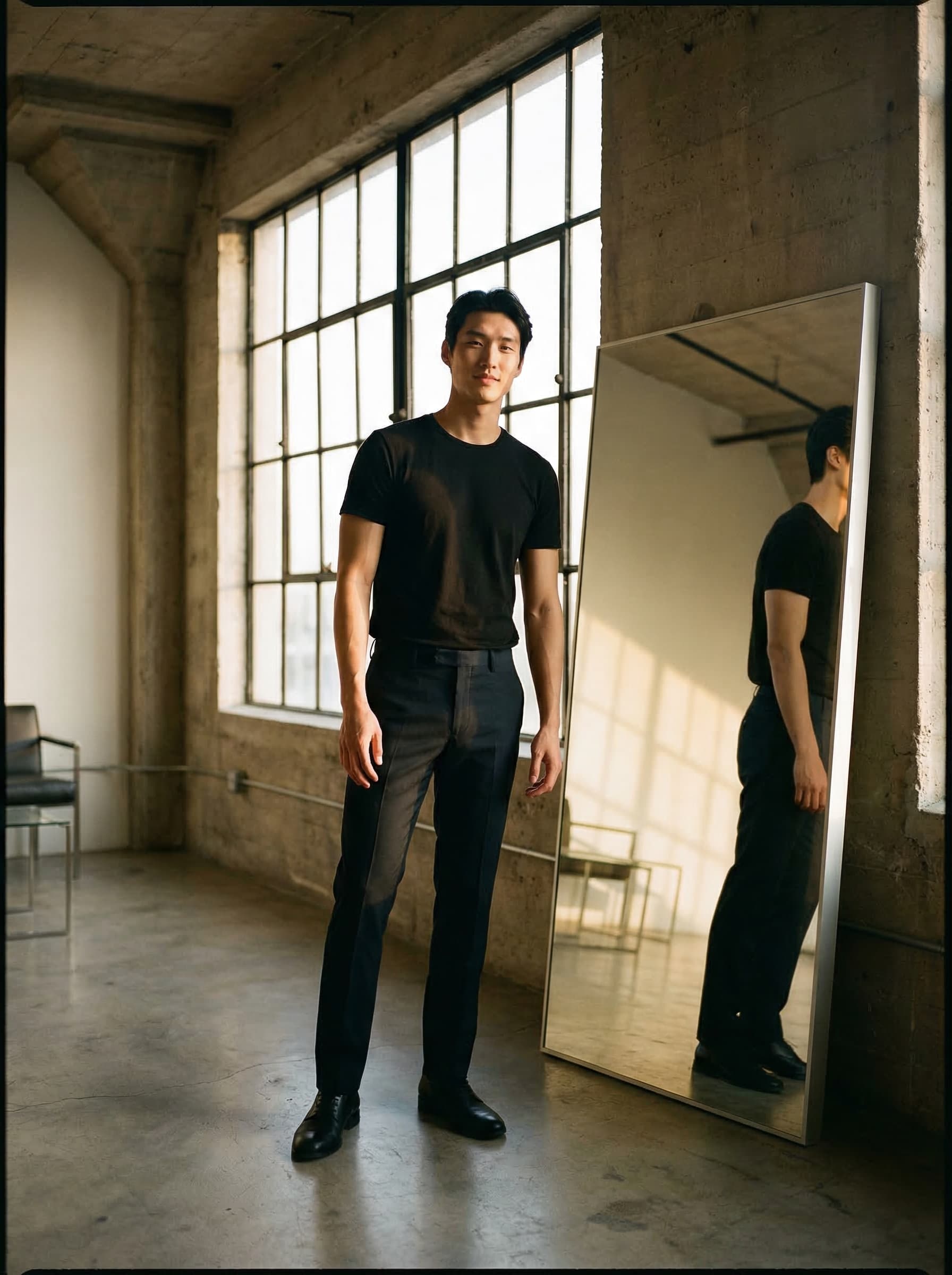 Model in fitted outfit demonstrating how brands size differently