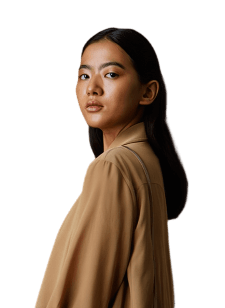 Fashion model Sarah wearing a tan blazer