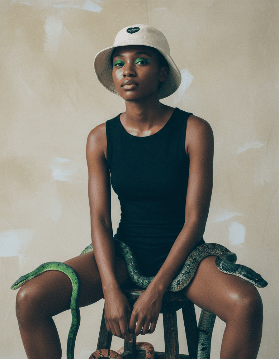 Nigerian-Irish woman wearing Drewe bucket hat with electric green eyeliner